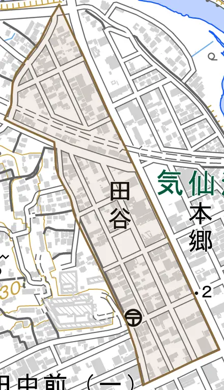 田谷とその周辺の地図。町の範囲を重ねている