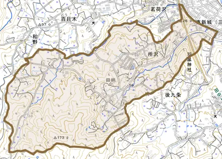 所沢とその周辺の地図。町の範囲を重ねている
