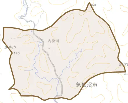 内松川とその周辺の地図。町の範囲を重ねている