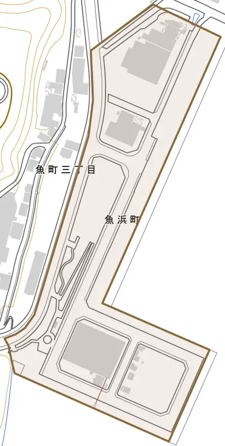 魚浜町とその周辺の地図。町の範囲を重ねている