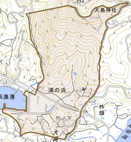 浦の浜とその周辺の地図。町の範囲を重ねている