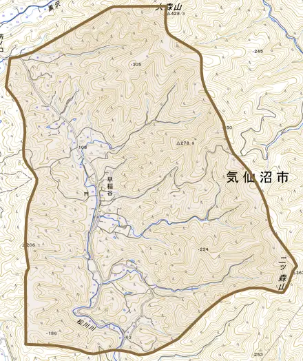早稲谷とその周辺の地図。町の範囲を重ねている