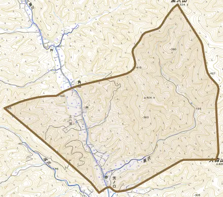 芳ノ口とその周辺の地図。町の範囲を重ねている