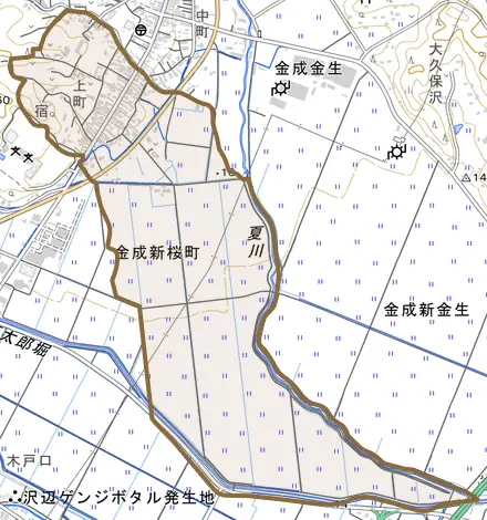 金成上町とその周辺の地図。町の範囲を重ねている