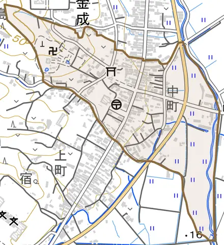金成中町とその周辺の地図。町の範囲を重ねている