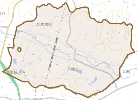 金成末野とその周辺の地図。町の範囲を重ねている