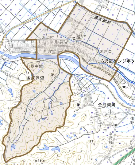金成沢辺町とその周辺の地図。町の範囲を重ねている