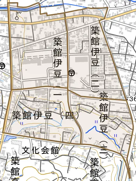 築館伊豆とその周辺の地図。町の範囲を重ねている