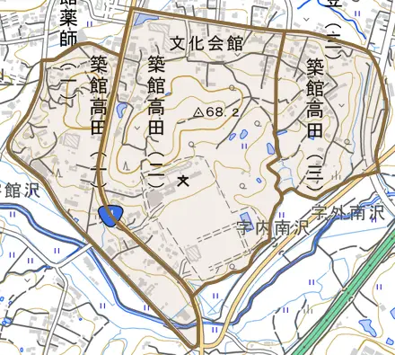 築館高田とその周辺の地図。町の範囲を重ねている