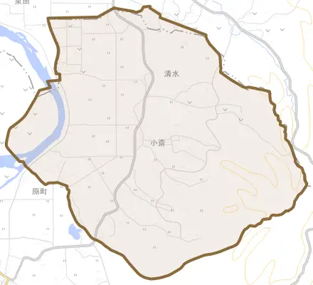 小斎とその周辺の地図。町の範囲を重ねている