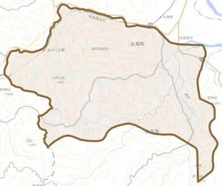 字町東とその周辺の地図。町の範囲を重ねている
