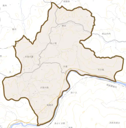 大張大蔵とその周辺の地図。町の範囲を重ねている