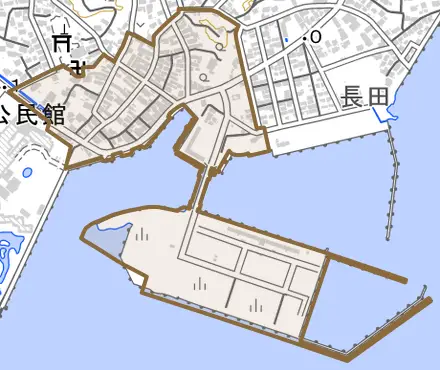 磯崎とその周辺の地図。町の範囲を重ねている