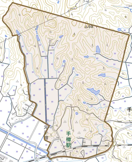手樽とその周辺の地図。町の範囲を重ねている