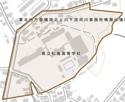 高城とその周辺の地図。町の範囲を重ねている