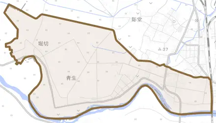 青生とその周辺の地図。町の範囲を重ねている