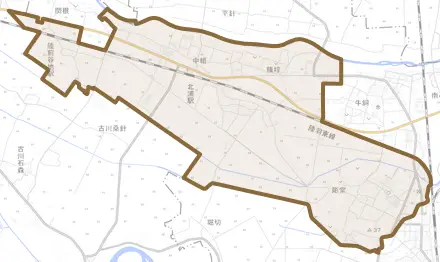 北浦とその周辺の地図。町の範囲を重ねている