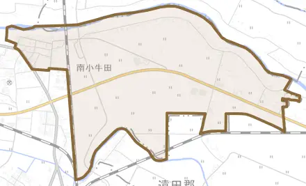 南小牛田とその周辺の地図。町の範囲を重ねている