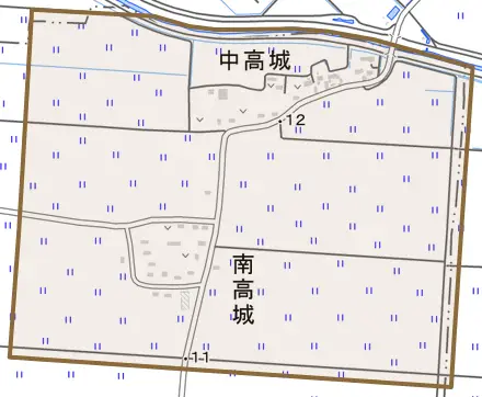 中高城とその周辺の地図。町の範囲を重ねている