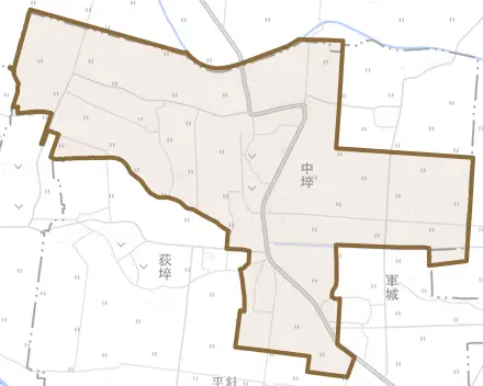 中埣とその周辺の地図。町の範囲を重ねている
