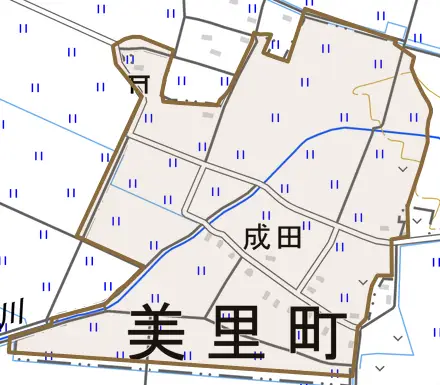 成田とその周辺の地図。町の範囲を重ねている