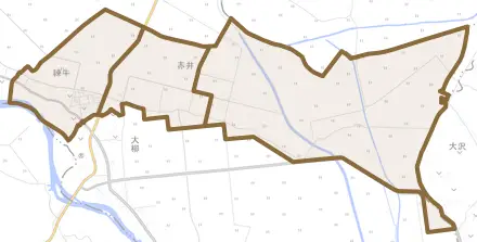 練牛とその周辺の地図。町の範囲を重ねている