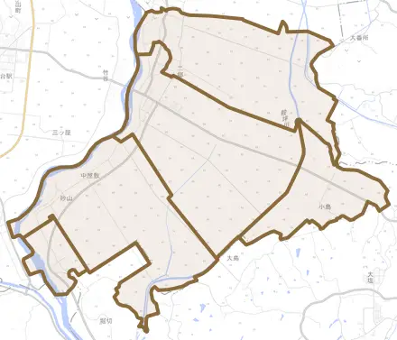 二郷とその周辺の地図。町の範囲を重ねている