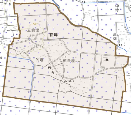 荻埣とその周辺の地図。町の範囲を重ねている