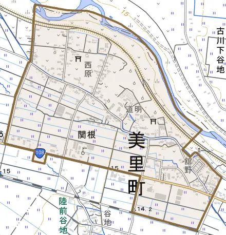 関根とその周辺の地図。町の範囲を重ねている