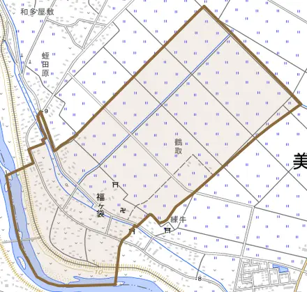 福ヶ袋とその周辺の地図。町の範囲を重ねている