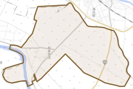 和多田沼とその周辺の地図。町の範囲を重ねている