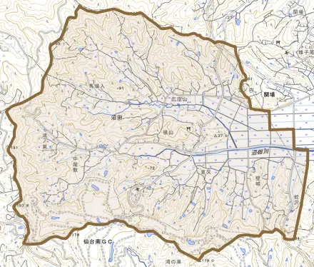 大字沼田とその周辺の地図。町の範囲を重ねている