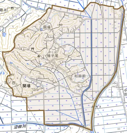 大字関場とその周辺の地図。町の範囲を重ねている