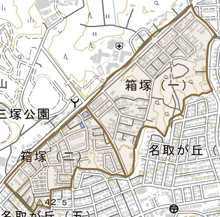 箱塚とその周辺の地図。町の範囲を重ねている