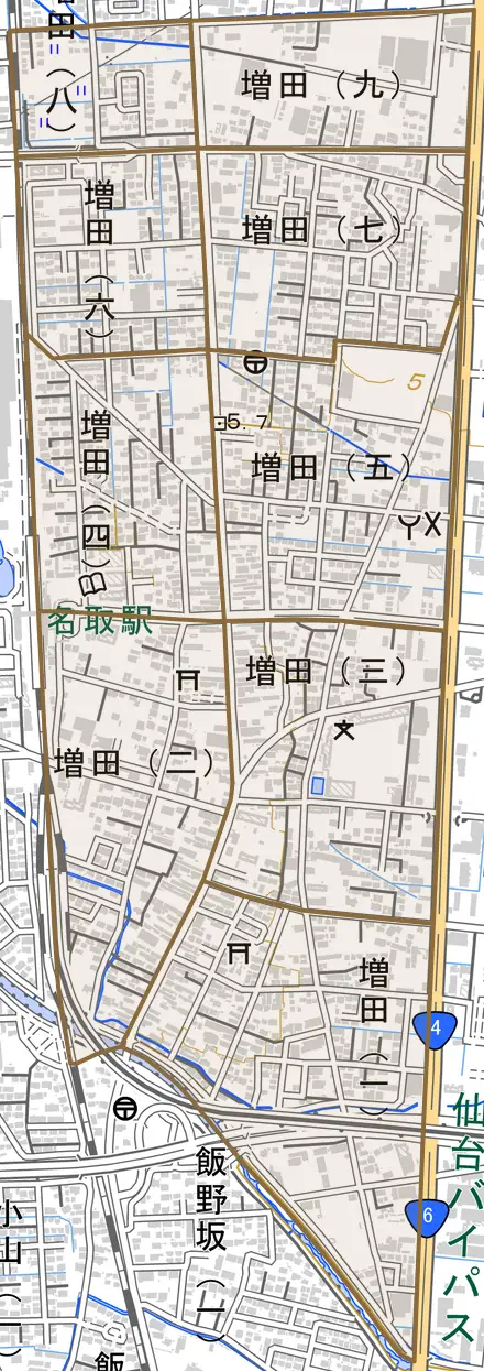 増田とその周辺の地図。町の範囲を重ねている