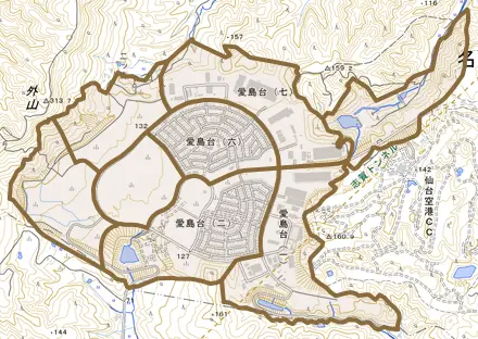 愛島台とその周辺の地図。町の範囲を重ねている