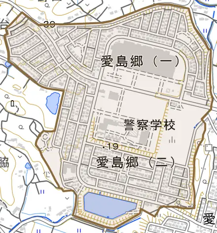 愛島郷とその周辺の地図。町の範囲を重ねている
