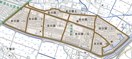 美田園とその周辺の地図。町の範囲を重ねている