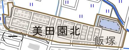 美田園北とその周辺の地図。町の範囲を重ねている