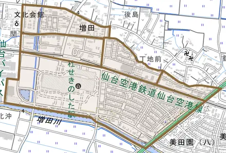 杜せきのしたとその周辺の地図。町の範囲を重ねている