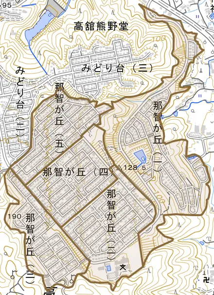 那智が丘とその周辺の地図。町の範囲を重ねている