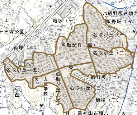 名取が丘とその周辺の地図。町の範囲を重ねている