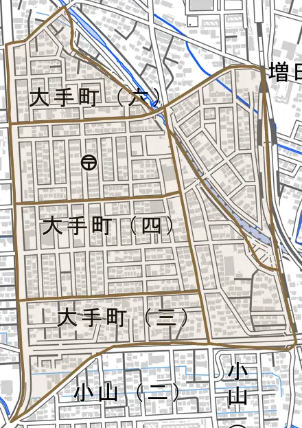 大手町とその周辺の地図。町の範囲を重ねている
