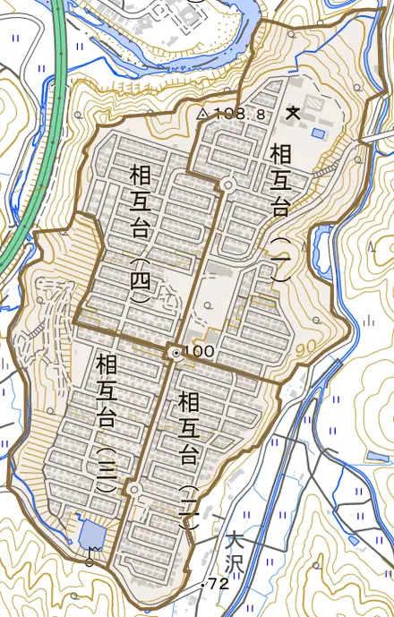 相互台とその周辺の地図。町の範囲を重ねている