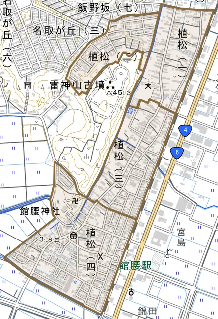 植松とその周辺の地図。町の範囲を重ねている