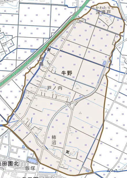 牛野とその周辺の地図。町の範囲を重ねている