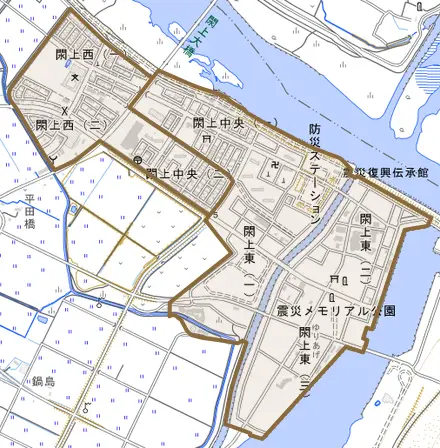 閖上とその周辺の地図。町の範囲を重ねている