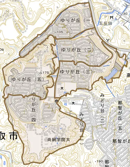 ゆりが丘とその周辺の地図。町の範囲を重ねている