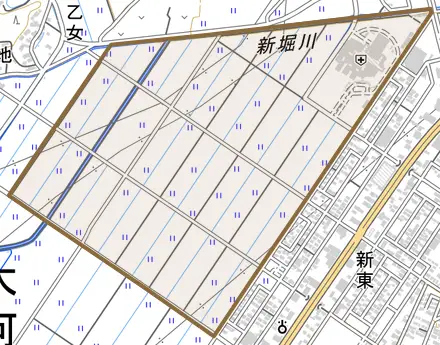 字東とその周辺の地図。町の範囲を重ねている