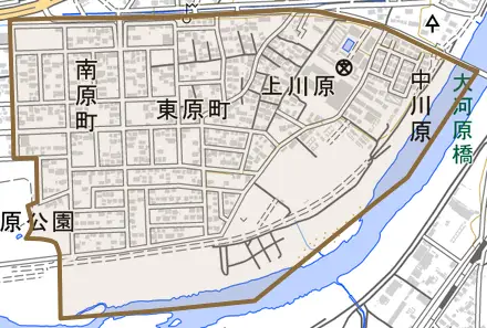 字東原町とその周辺の地図。町の範囲を重ねている